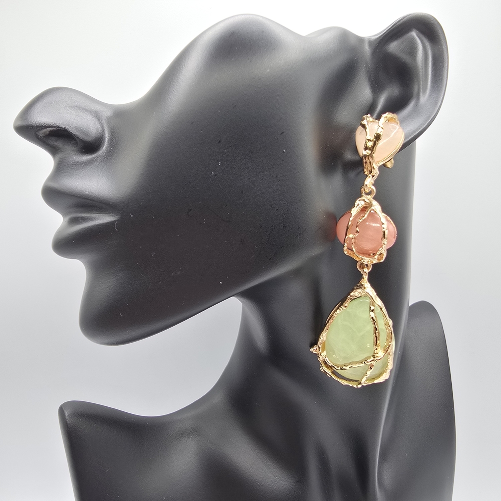 Pastel Cabochon Statement Drop Earrings Gold Tone, Blush, Rose, Sage 3.25"